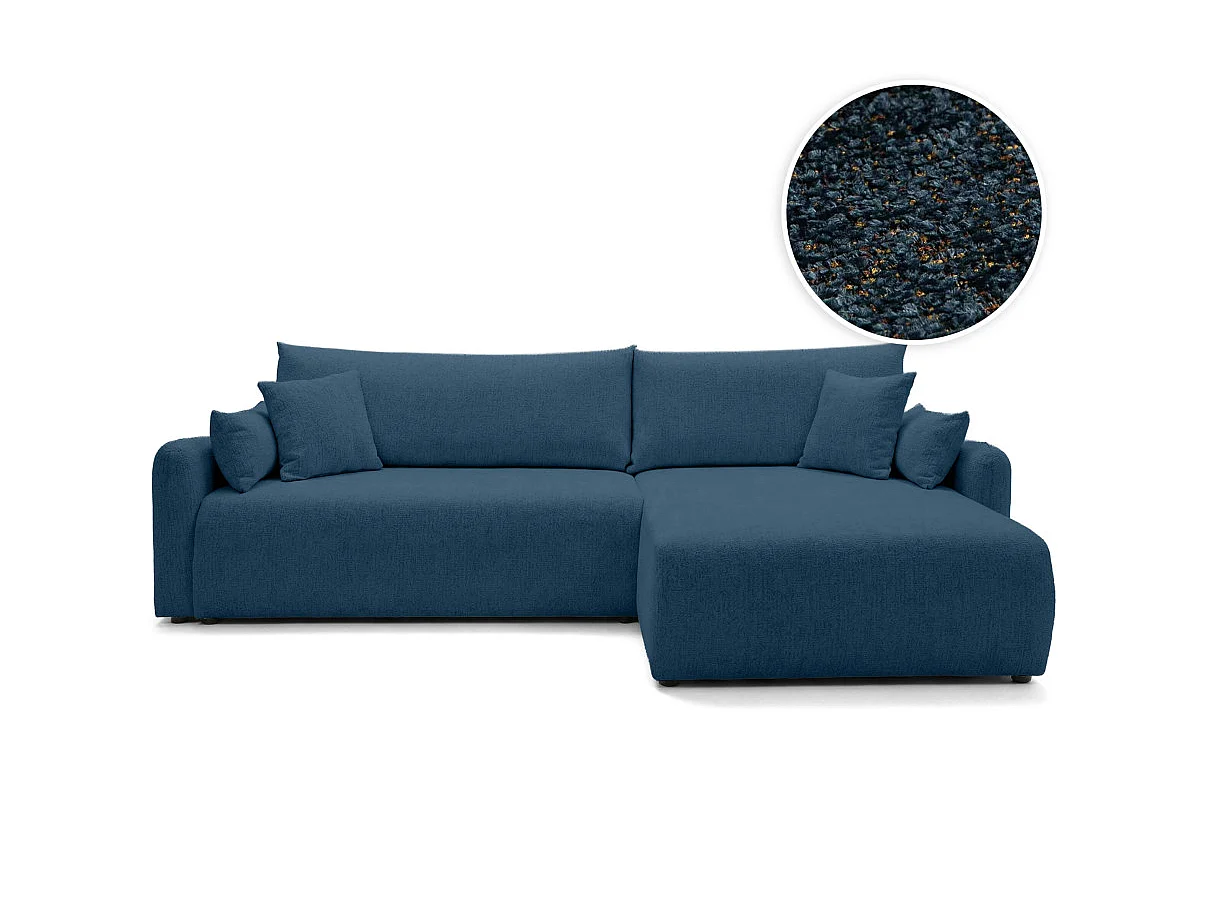 Canapé d'angle convertible 4 places réversible avec coffre en tissu bouclette bleu APOLINE