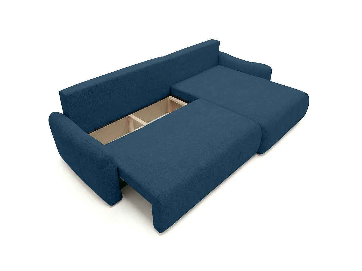 Canapé d'angle convertible 4 places réversible avec coffre en tissu bouclette bleu APOLINE