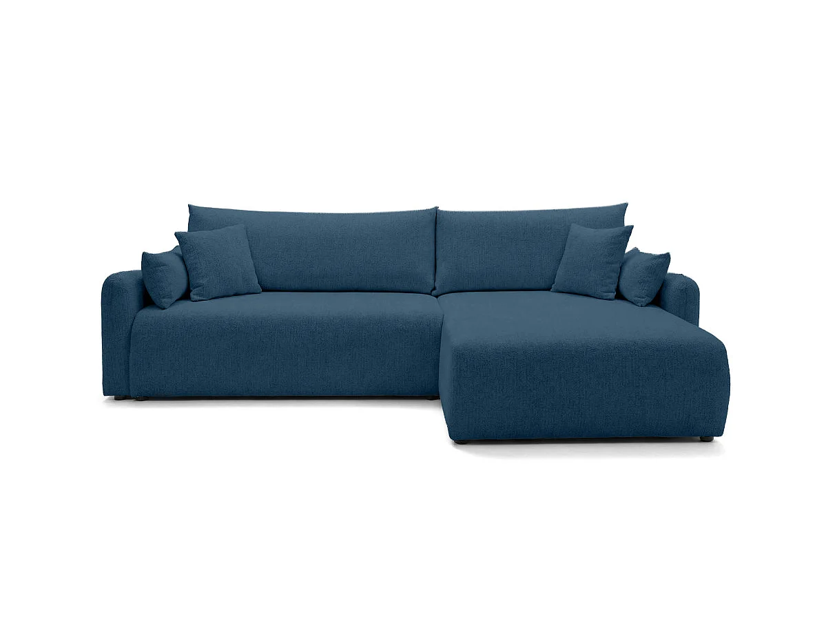Canapé d'angle convertible 4 places réversible avec coffre en tissu bouclette bleu APOLINE