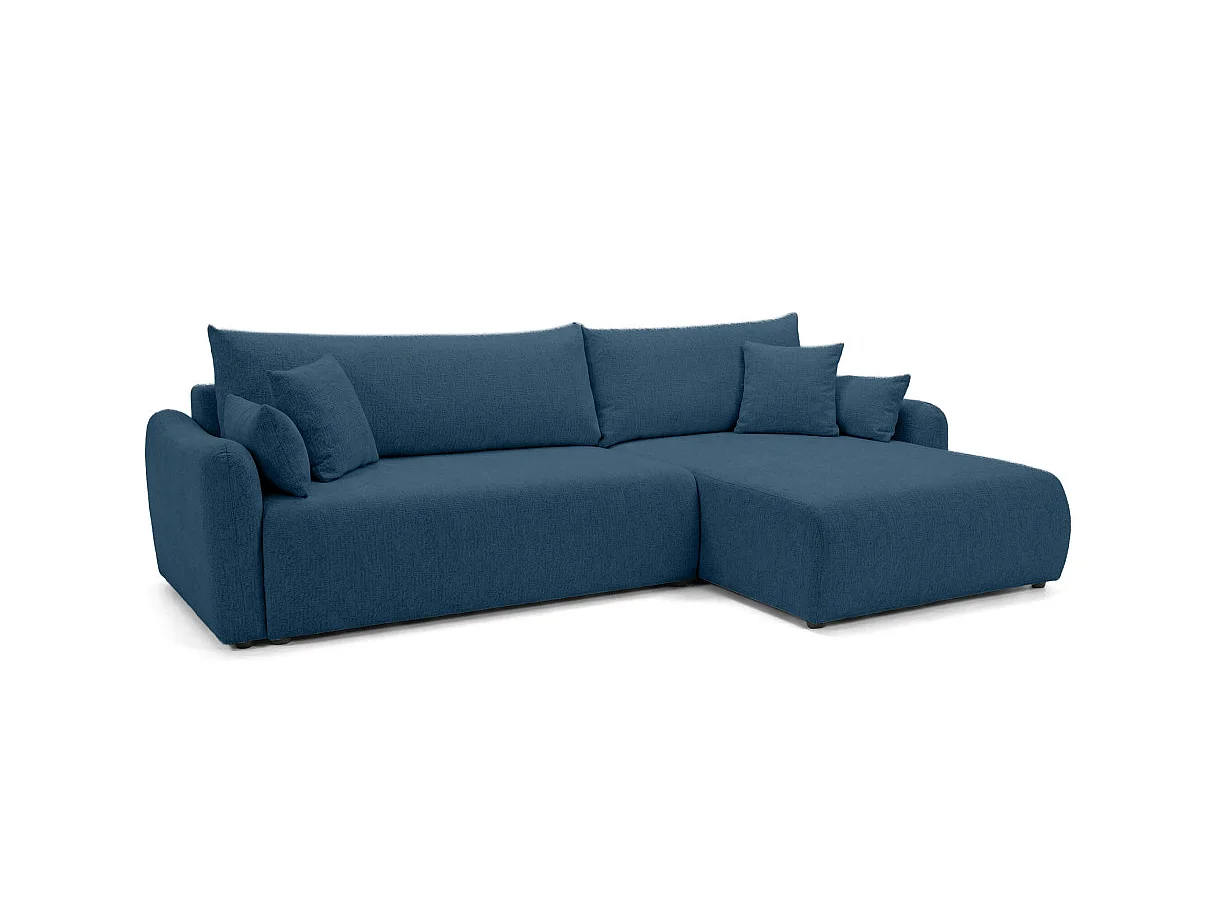 Canapé d'angle convertible 4 places réversible avec coffre en tissu bouclette bleu APOLINE