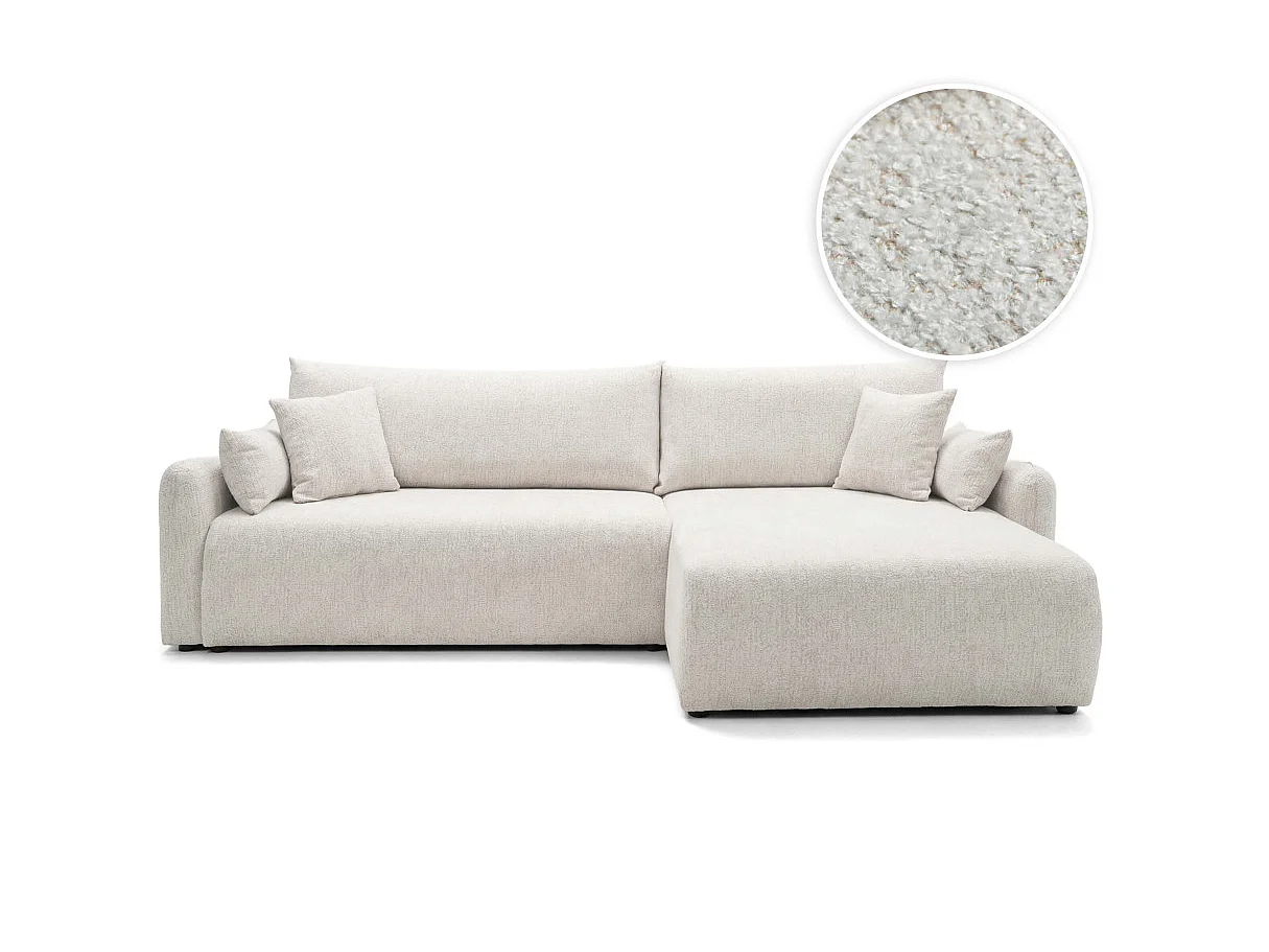 Canapé d'angle convertible 4 places réversible avec coffre en tissu bouclette blanc APOLINE