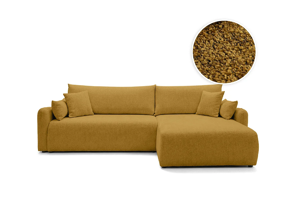 Canapé d'angle convertible 4 places réversible avec coffre en tissu bouclette jaune APOLINE