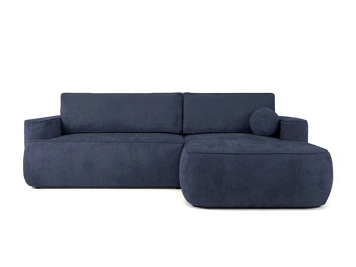Canapé d'angle droit 3 places avec coffre en tissu chenille bleu CASSIS