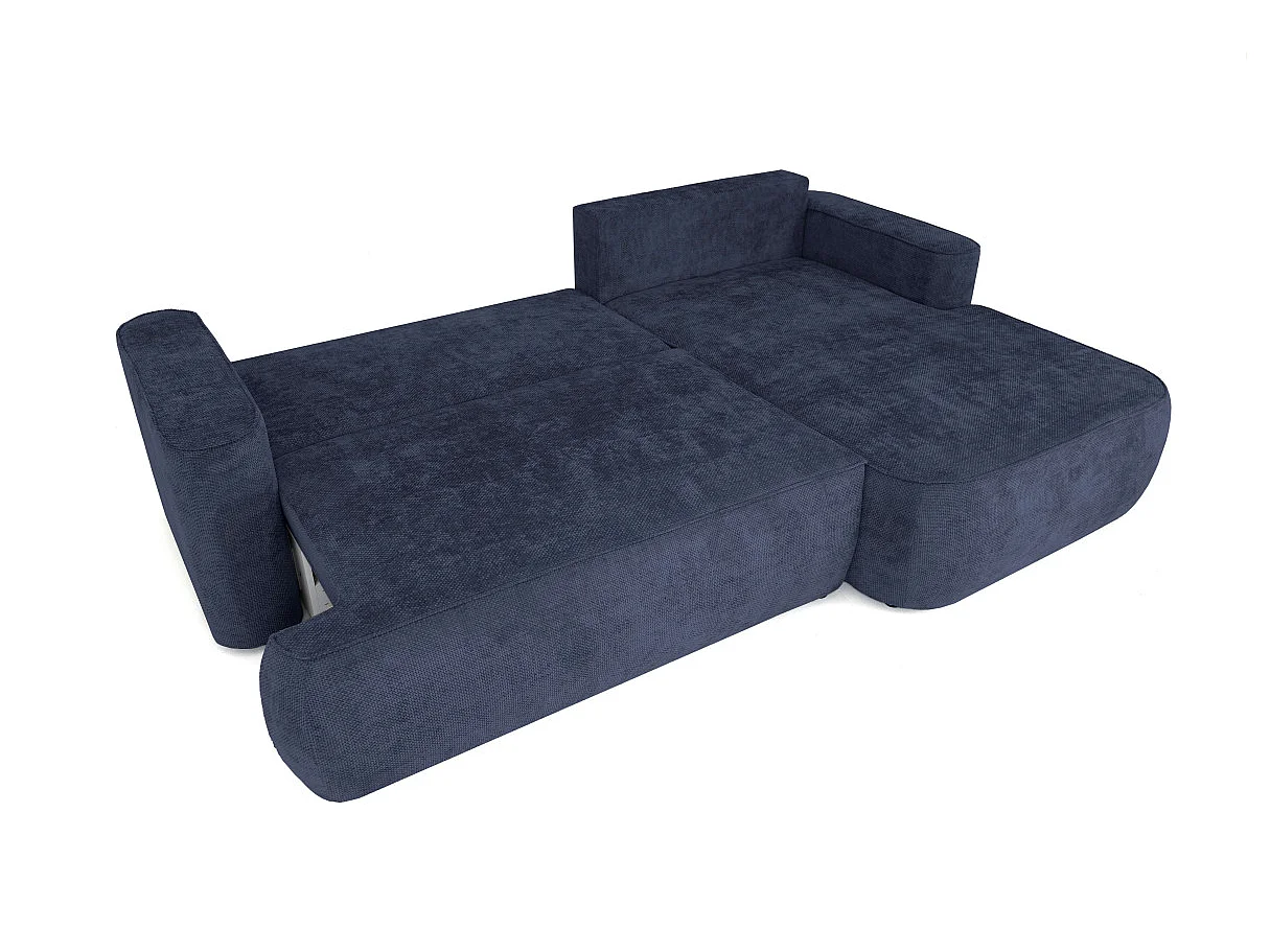 Canapé d'angle droit 3 places avec coffre en tissu chenille bleu CASSIS