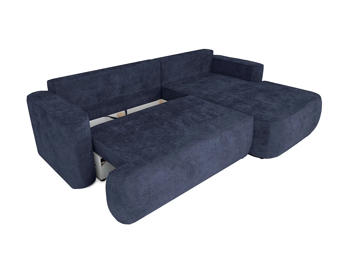Canapé d'angle droit 3 places avec coffre en tissu chenille bleu CASSIS