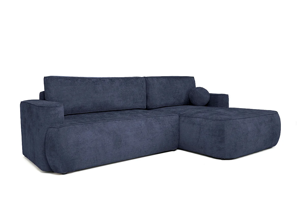 Canapé d'angle droit 3 places avec coffre en tissu chenille bleu CASSIS