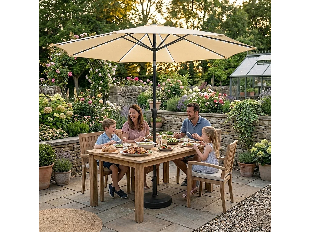 Parasol Inclinable à LED Solaire 2,7 m Crème & Socle en Béton Jardin Terrasse