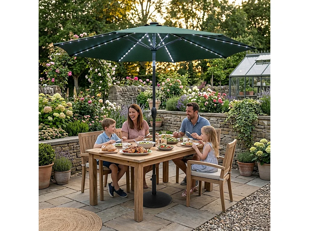 Parasol Inclinable à LED Solaire 2,7 m Vert Jardin Terrasse Auvent Ombre