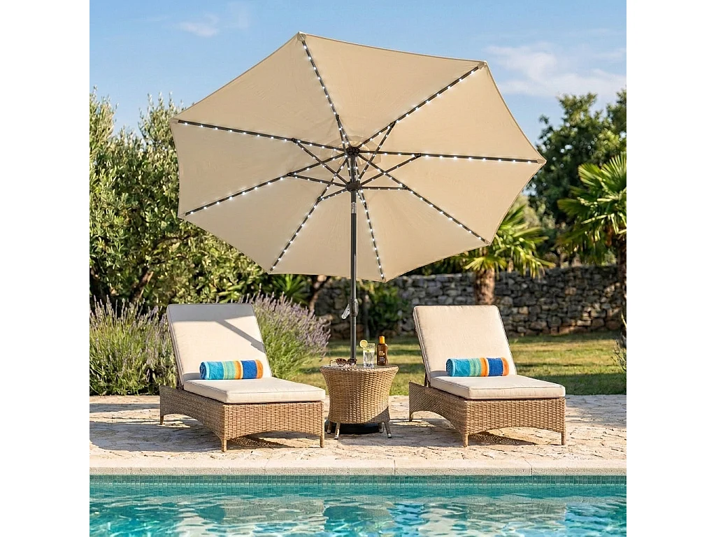Parasol Inclinable à LED Solaire 2,7 m Crème Jardin Terrasse Auvent Ombre