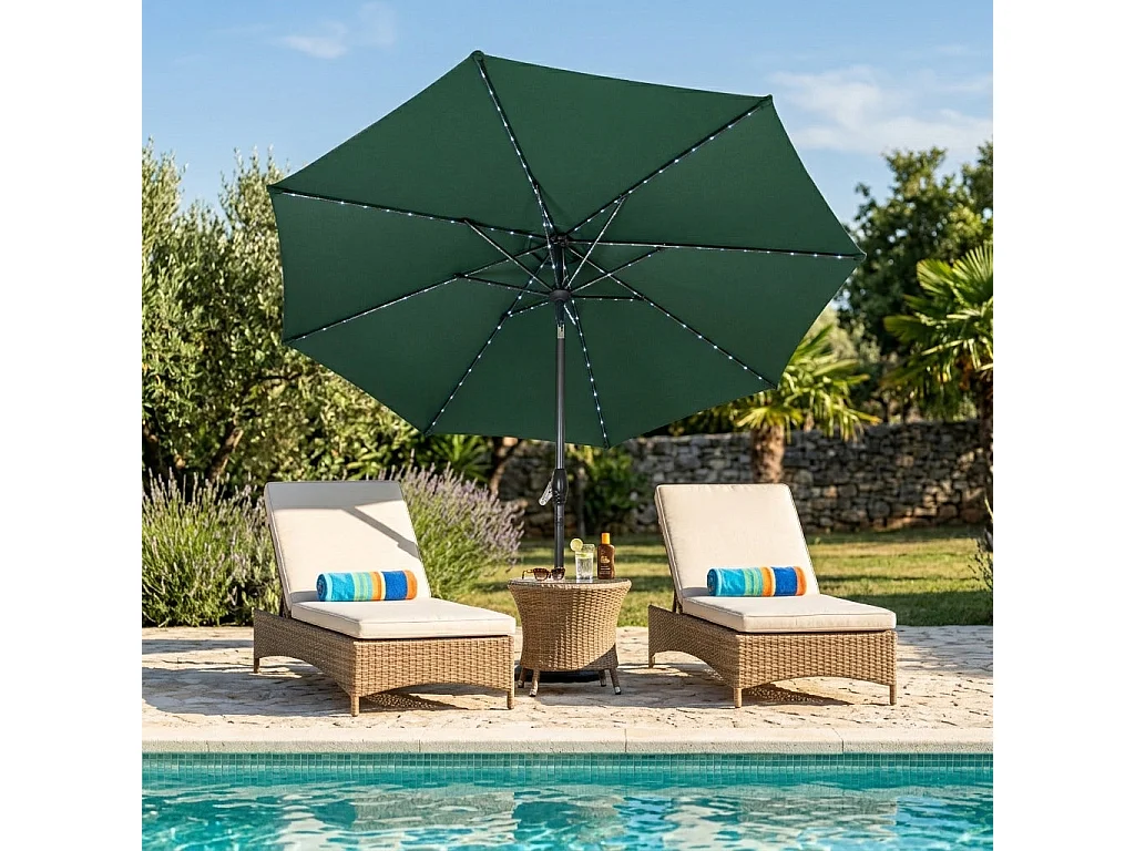 Parasol Inclinable à LED Solaire 2,7 m Vert & Socle en Béton Jardin Terrasse