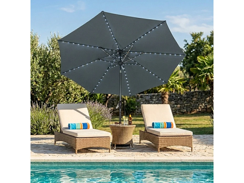 Parasol Inclinable à LED Solaire 2,7 m Gris & Socle en Béton Jardin Terrasse