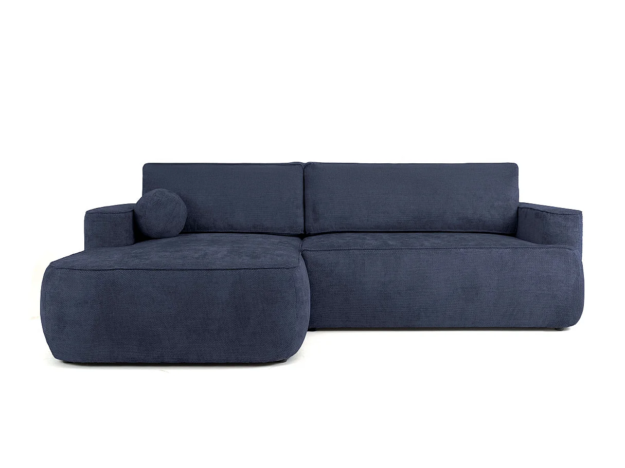 Canapé d'angle gauche 3 places avec coffre en tissu chenille bleu CASSIS