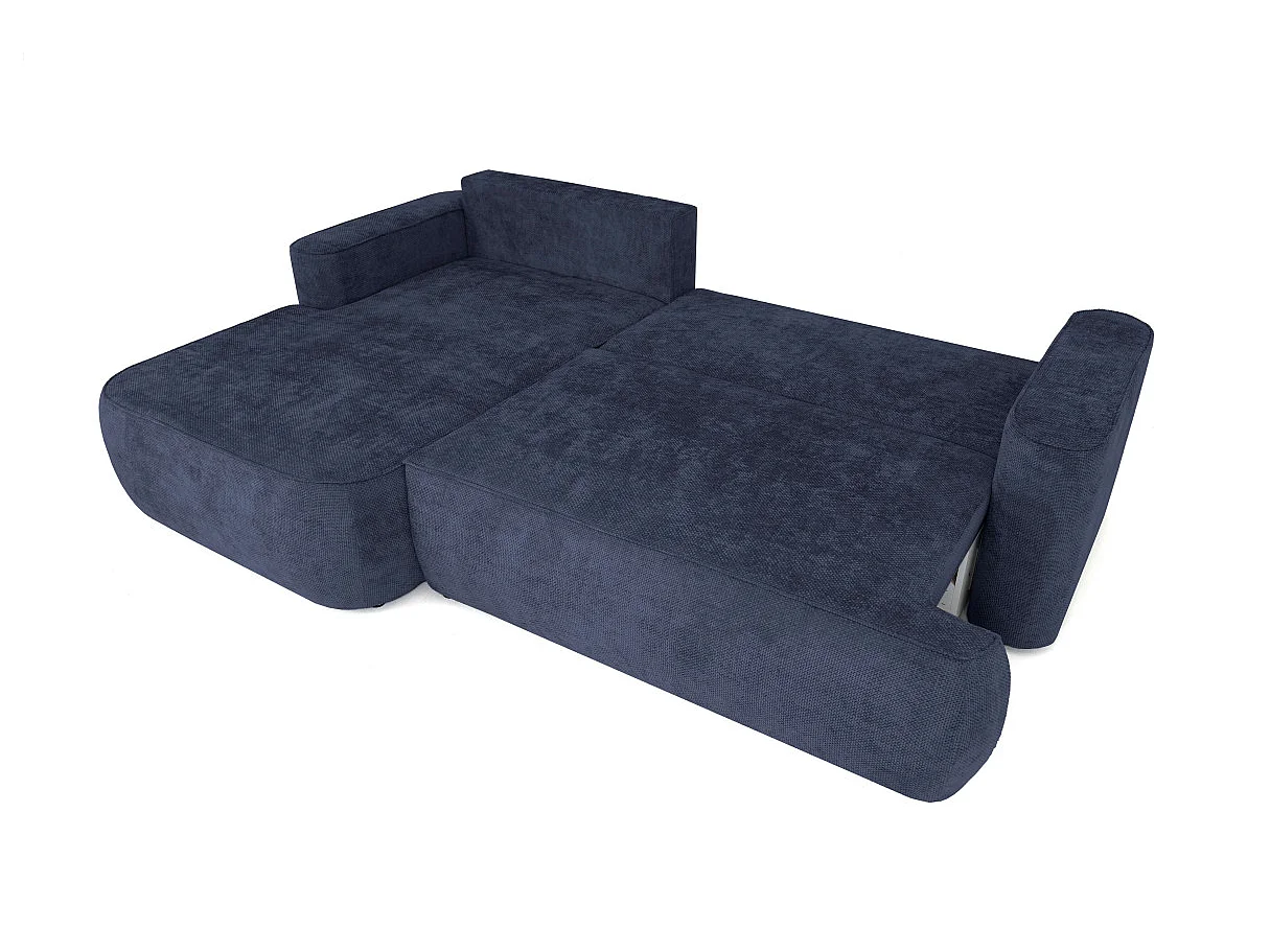 Canapé d'angle gauche 3 places avec coffre en tissu chenille bleu CASSIS