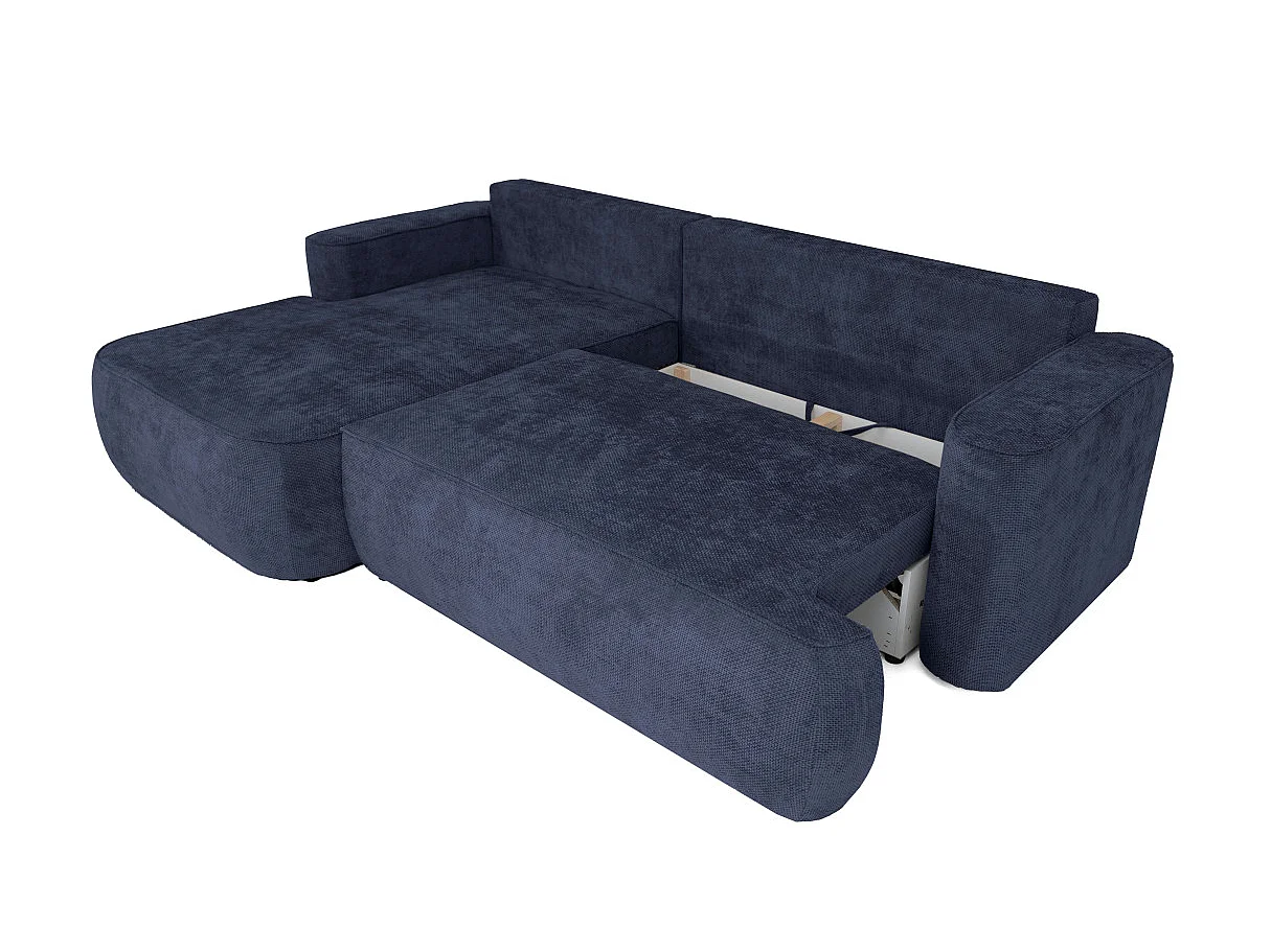 Canapé d'angle gauche 3 places avec coffre en tissu chenille bleu CASSIS