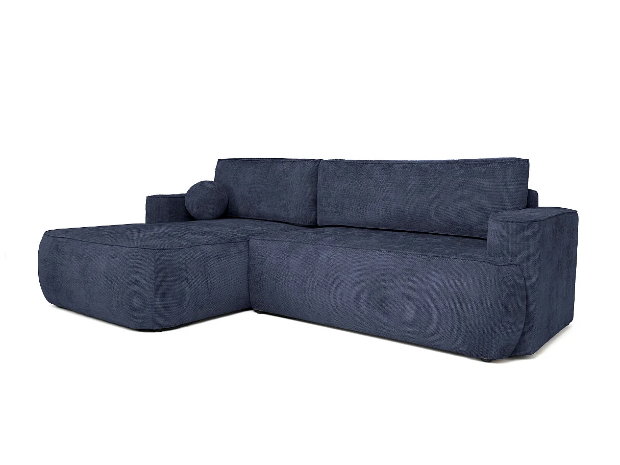 Canapé d'angle gauche 3 places avec coffre en tissu chenille bleu CASSIS