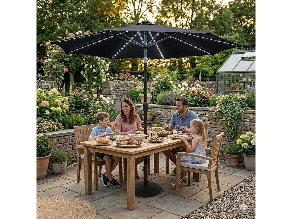 Parasol Inclinable à LED Solaire 2,7 m Noir Jardin Terrasse Auvent Ombre