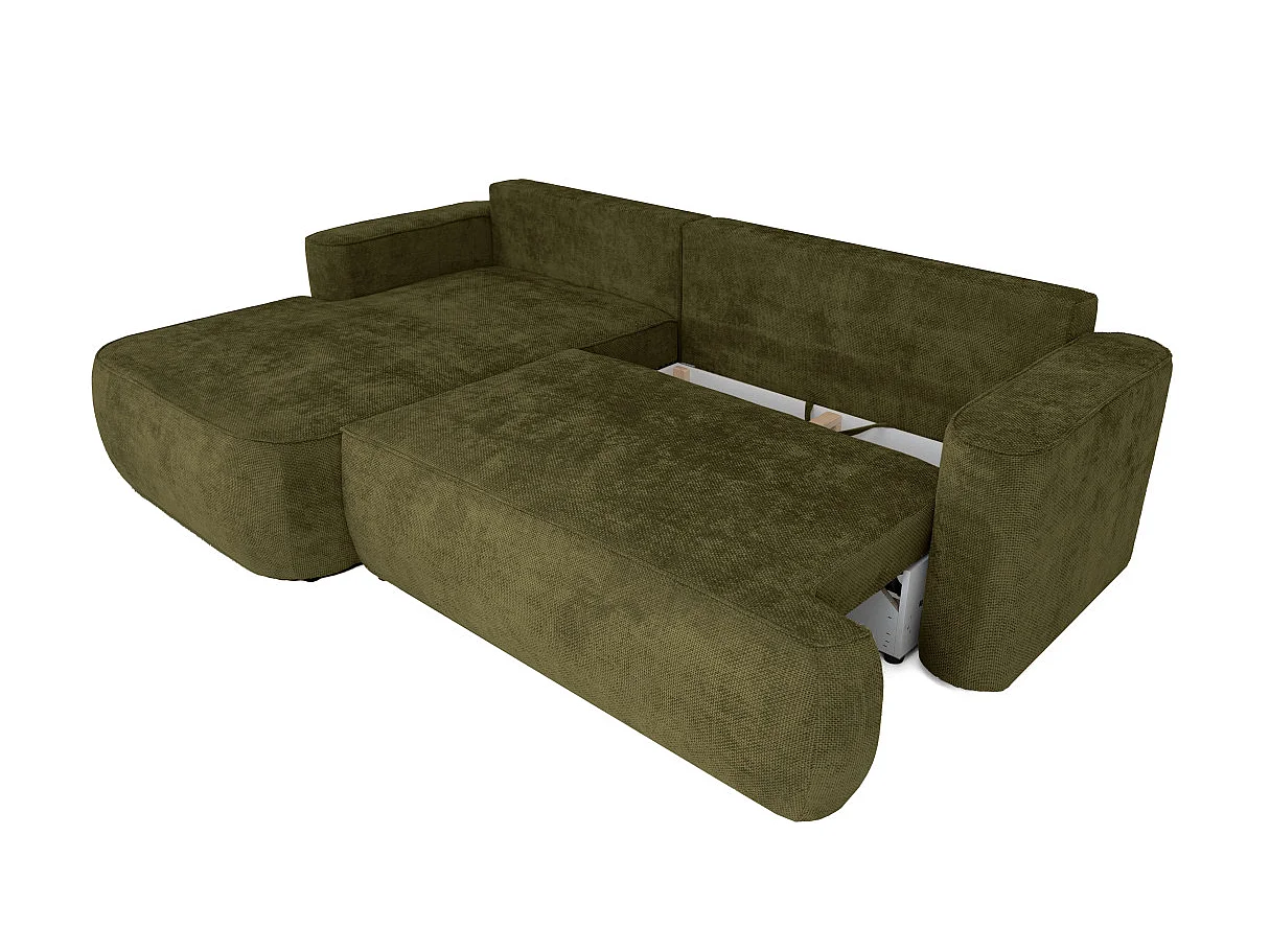 Canapé d'angle gauche 3 places avec coffre en tissu chenille vert CASSIS