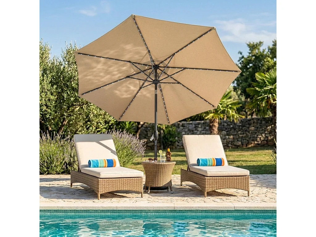 Parasol Inclinable à LED Solaire 2,7 m Beige & Socle en Béton Jardin Terrasse