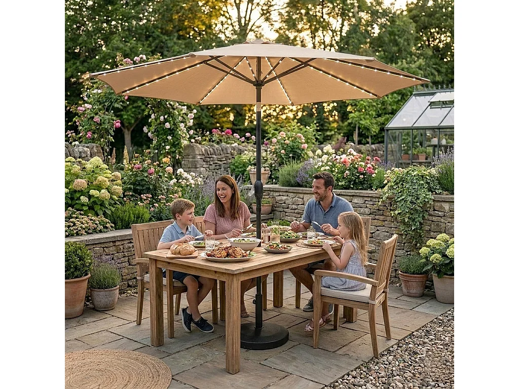 Parasol Inclinable à LED Solaire 2,7 m Beige & Socle en Béton Jardin Terrasse