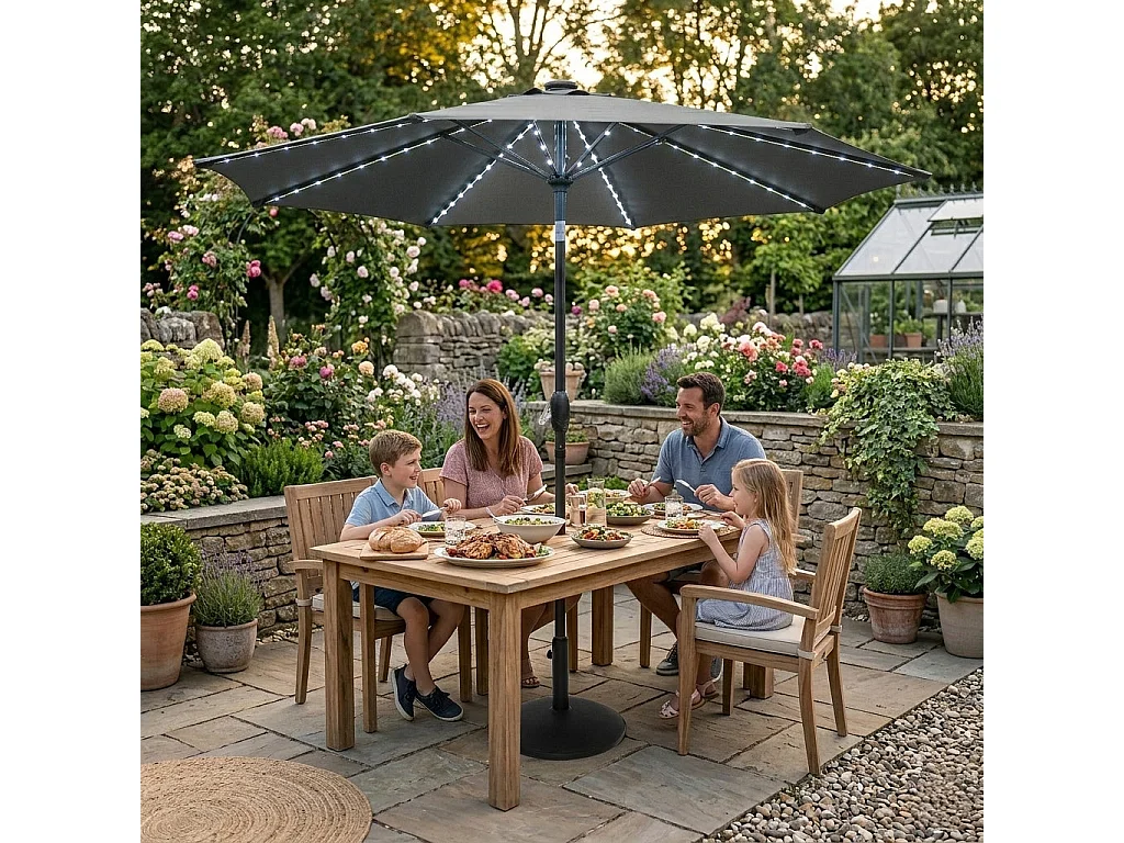 Parasol Inclinable à LED Solaire 2,7 m Gris Jardin Terrasse Auvent Ombre