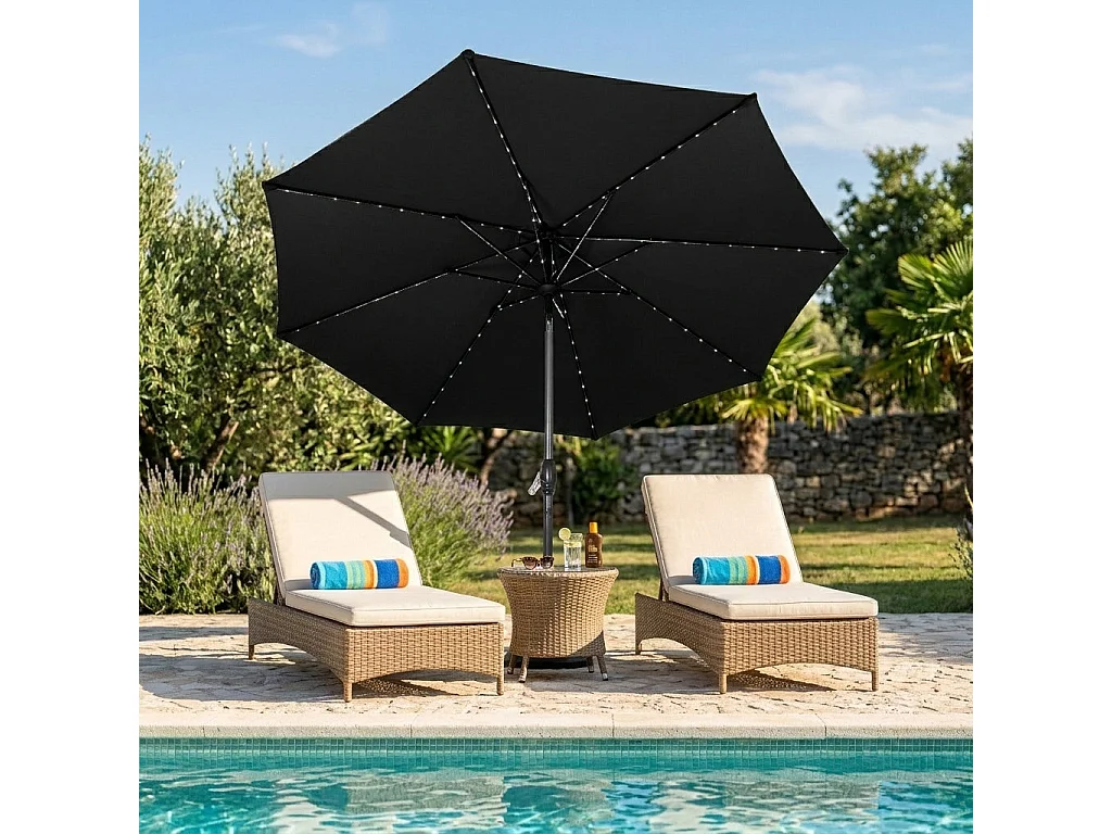 Parasol Inclinable à LED Solaire 2,7 m Noir & Socle en Béton Jardin Terrasse