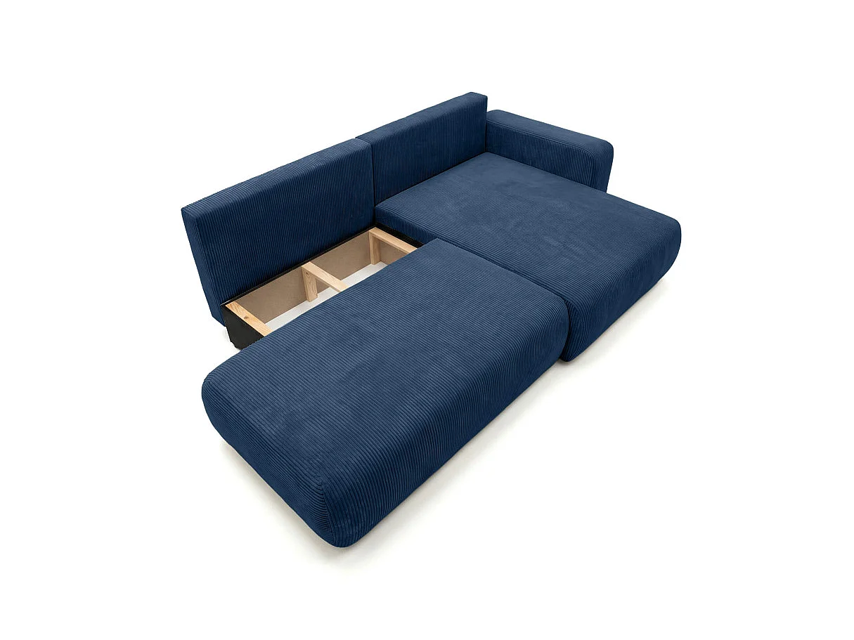 Canapé d'angle convertible 5 places réversible en velours côtelé bleu ALYA