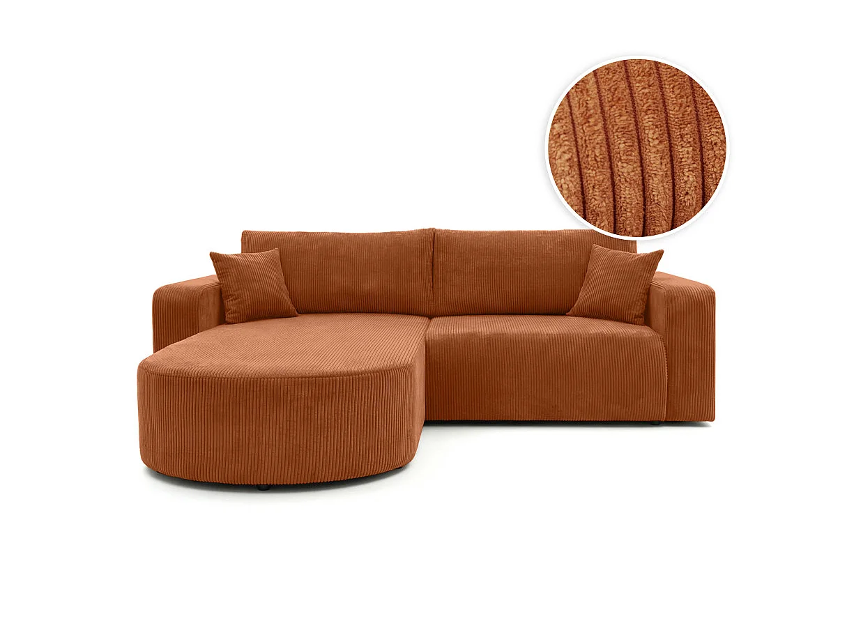 Canapé d'angle convertible 4 places réversible en velours côtelé terracotta KIARA