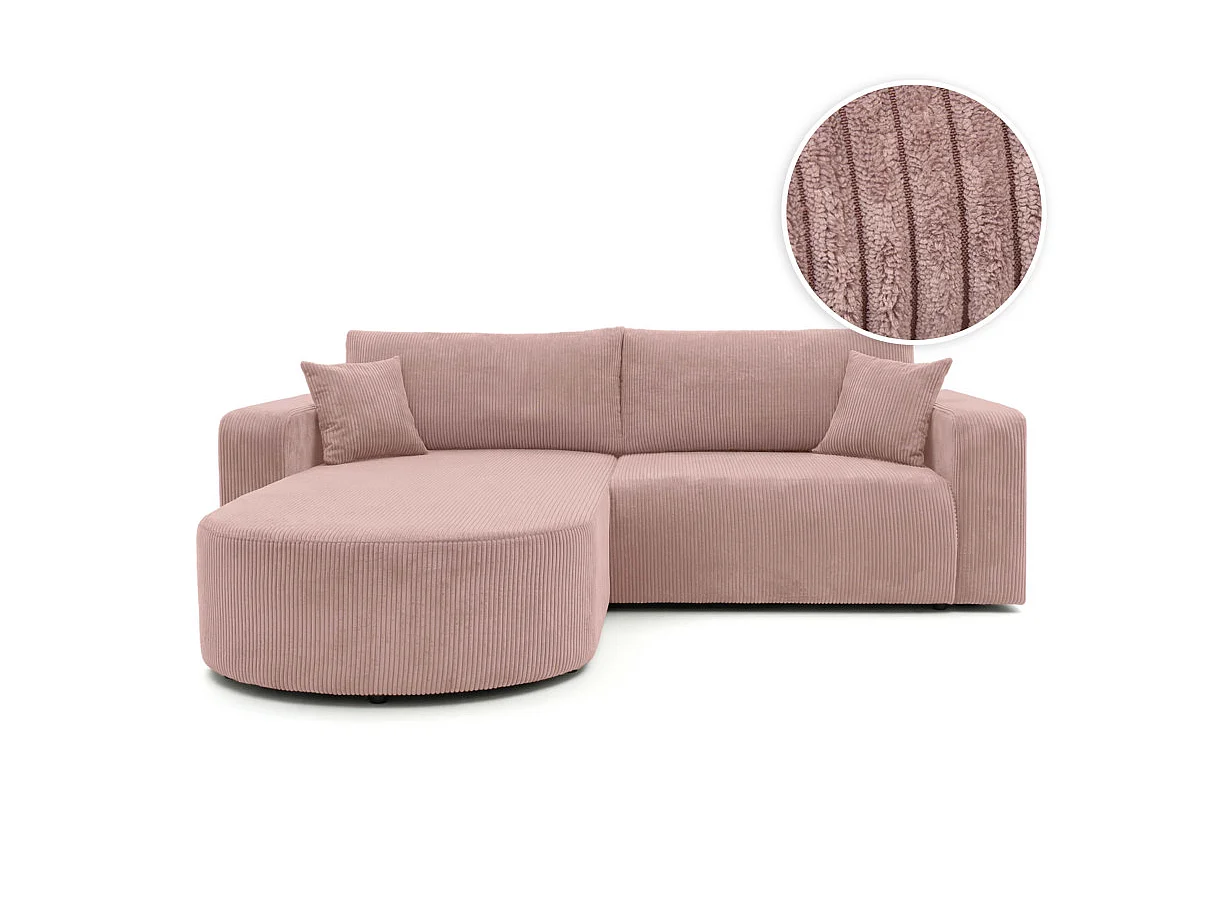 Canapé d'angle convertible 4 places réversible en velours côtelé rose KIARA