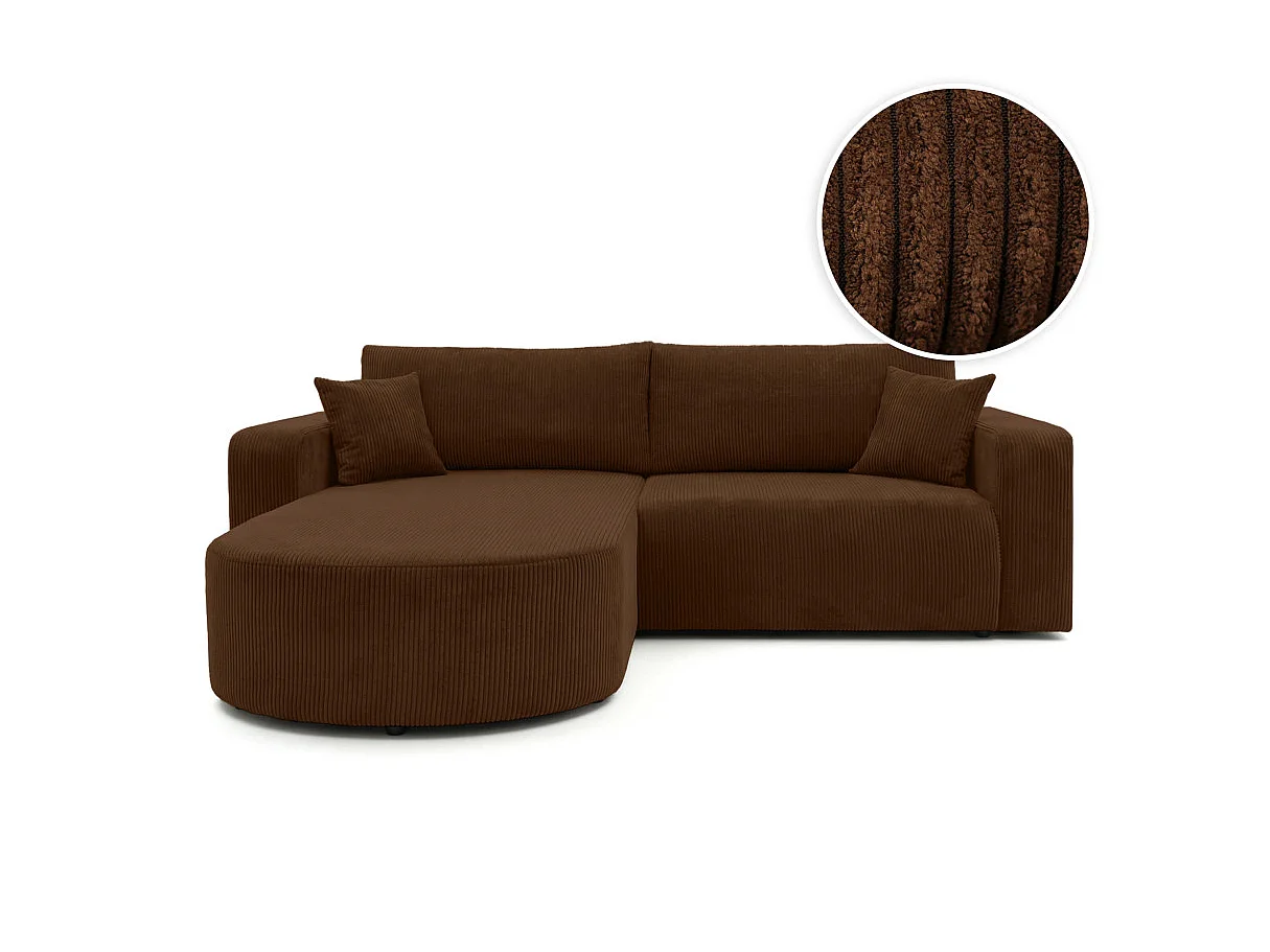 Canapé d'angle convertible 4 places réversible en velours côtelé marron KIARA