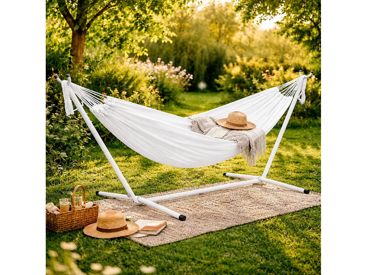 Amaca Per Esterno Con Supporto In Acciaio Portata 200 Kg Altezza Regolabile Telo In Cotone Resistente Amaca Brasiliana Da Giardino Con Borsa Bianco