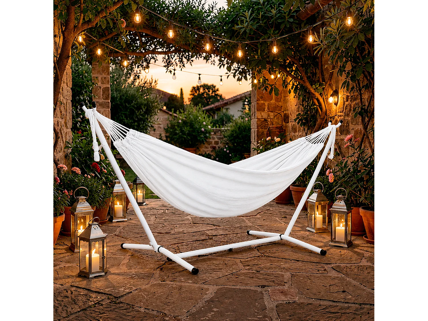 Amaca Per Esterno Con Supporto In Acciaio Portata 200 Kg Altezza Regolabile Telo In Cotone Resistente Amaca Brasiliana Da Giardino Con Borsa Bianco
