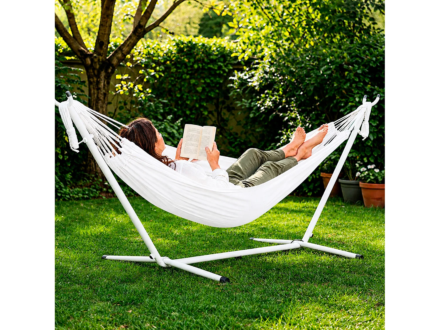 Amaca Per Esterno Con Supporto In Acciaio Portata 200 Kg Altezza Regolabile Telo In Cotone Resistente Amaca Brasiliana Da Giardino Con Borsa Bianco
