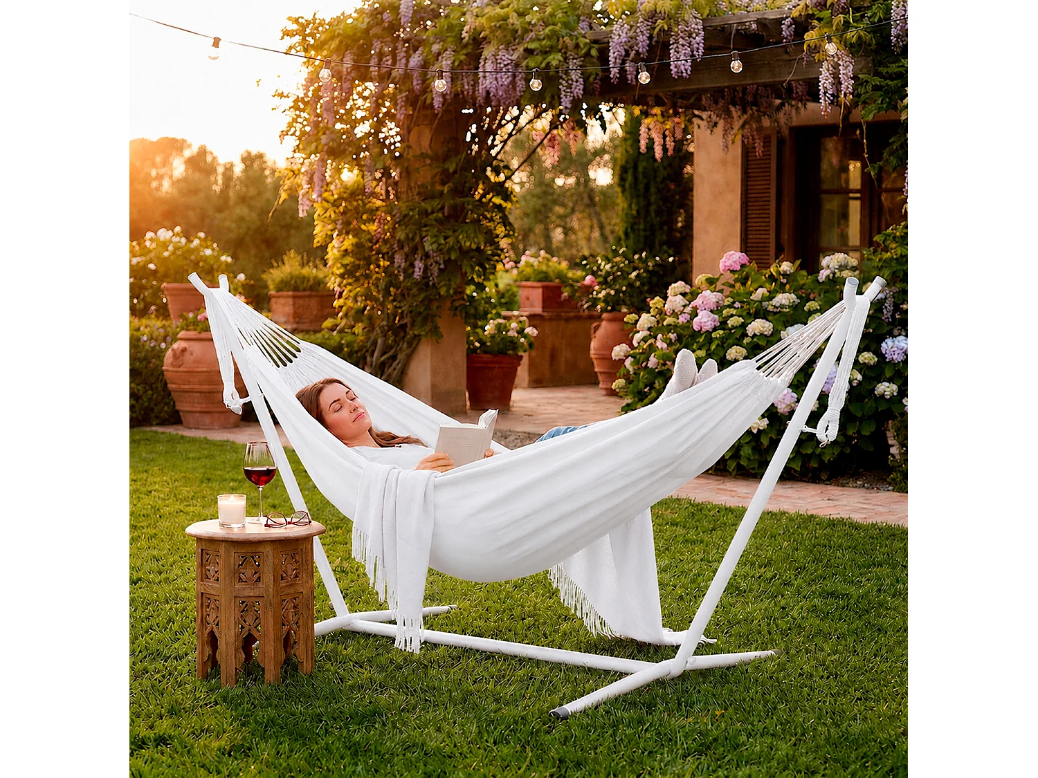 Amaca Per Esterno Con Supporto In Acciaio Portata 200 Kg Altezza Regolabile Telo In Cotone Resistente Amaca Brasiliana Da Giardino Con Borsa Bianco