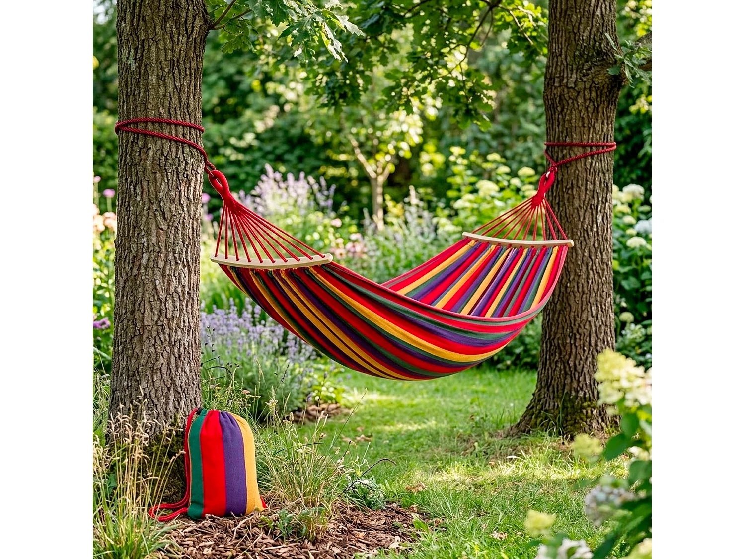 Amaca In Tessuto Con Borsa Da Trasporto E Terminali In Legno Struttura Resistente Per Giardino Campeggio Spiaggia Relax Montaggio Rapido 275 X 155 Cm Rosso