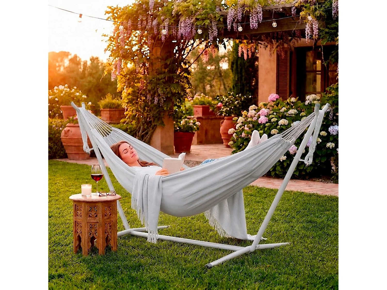 Amaca Da Giardino Con Supporto In Acciaio Portata 200 Kg Altezza Regolabile Telo Cotone Resistente Amaca Brasiliana Esterno Con Borsa 265 x 110 x 100 Cm Grigio