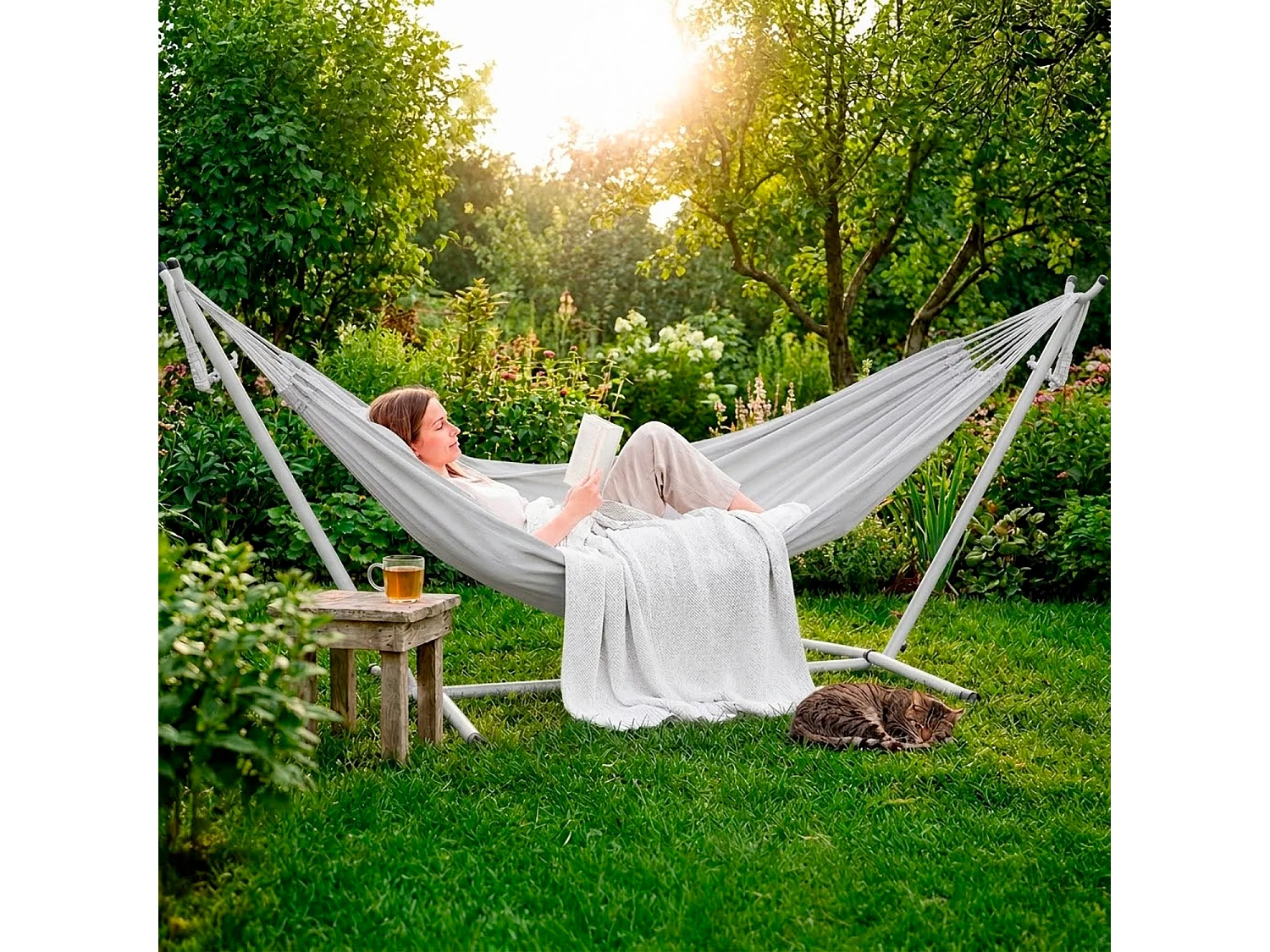 Amaca Da Giardino Con Supporto In Acciaio Portata 200 Kg Altezza Regolabile Telo Cotone Resistente Amaca Brasiliana Esterno Con Borsa 265 x 110 x 100 Cm Grigio