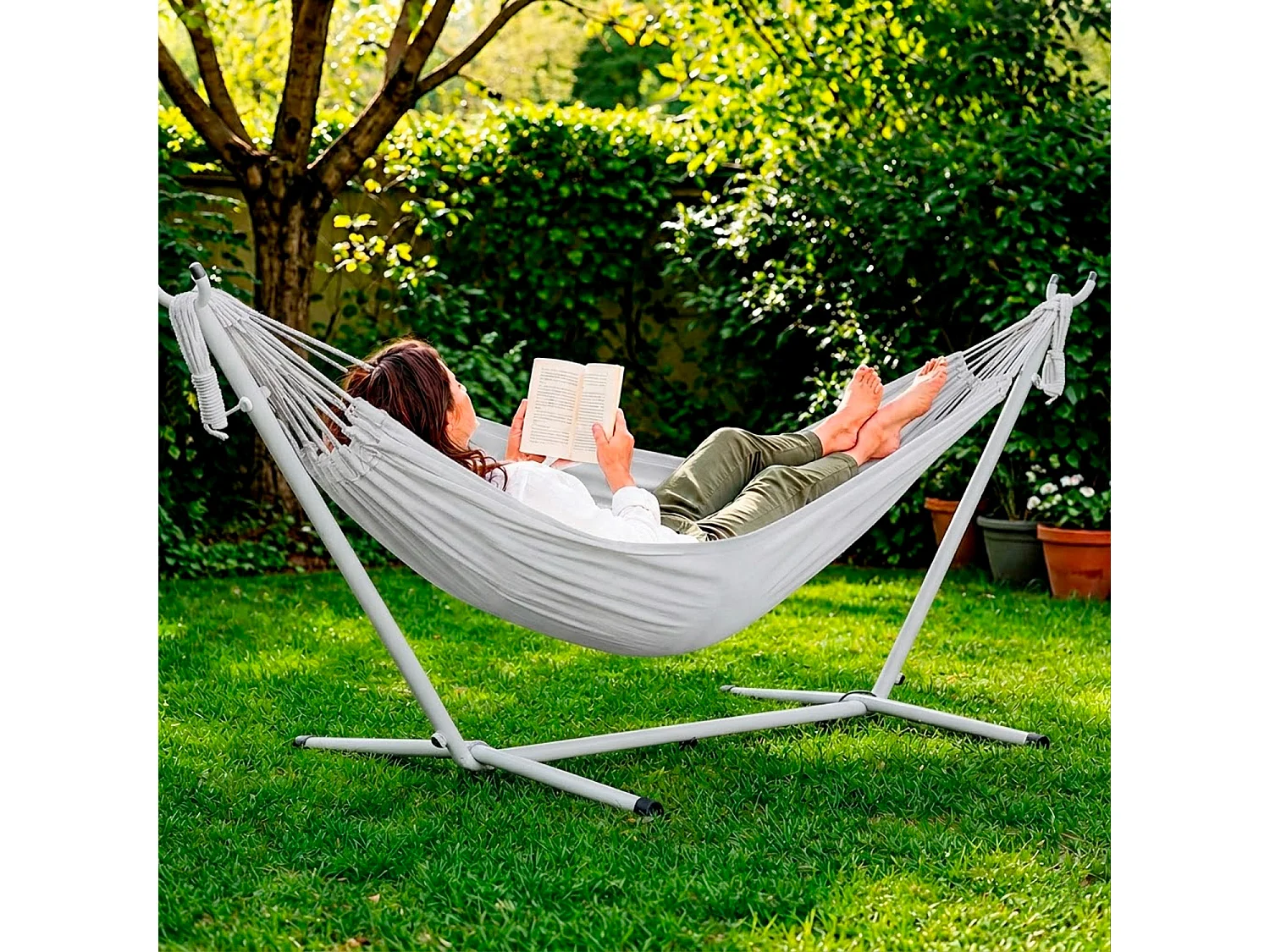 Amaca Da Giardino Con Supporto In Acciaio Portata 200 Kg Altezza Regolabile Telo Cotone Resistente Amaca Brasiliana Esterno Con Borsa 265 x 110 x 100 Cm Grigio