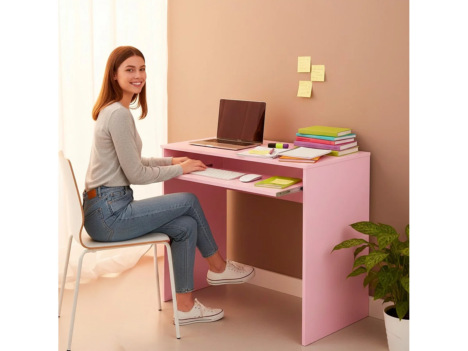 Scrivania Cameretta Studio Postazione PC Ufficio Design Moderno Piano Scorrevole Piedini ABS Ideale Compiti Lavoro Quotidiano 90 x 54 x 79 Cm Rosa