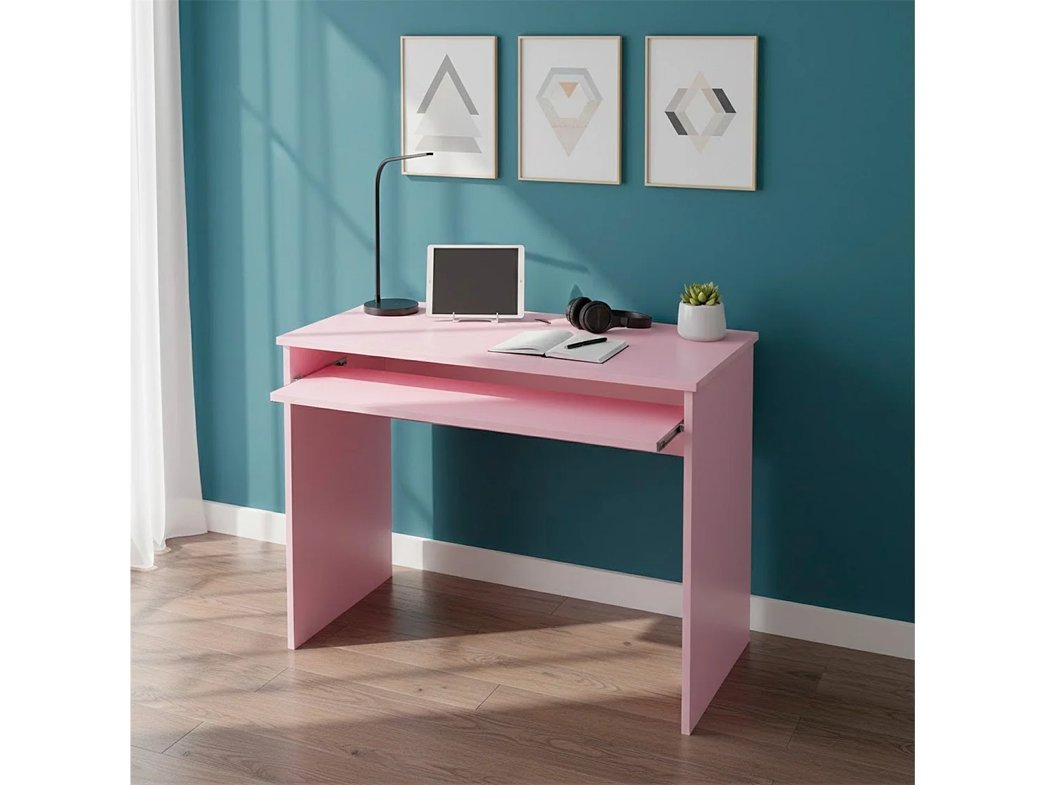 Scrivania Cameretta Studio Postazione PC Ufficio Design Moderno Piano Scorrevole Piedini ABS Ideale Compiti Lavoro Quotidiano 90 x 54 x 79 Cm Rosa