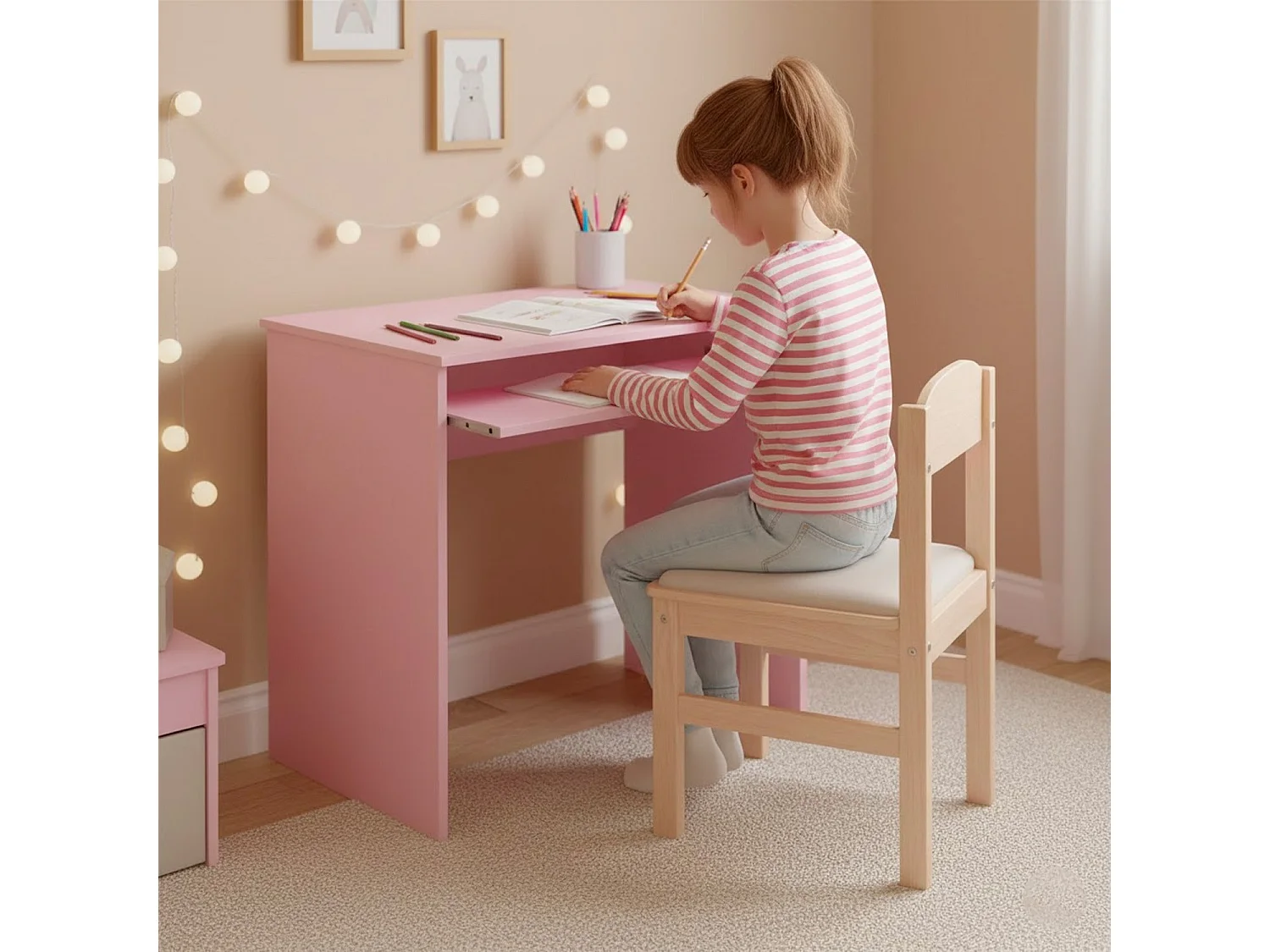 Scrivania Cameretta Studio Postazione PC Ufficio Design Moderno Piano Scorrevole Piedini ABS Ideale Compiti Lavoro Quotidiano 90 x 54 x 79 Cm Rosa