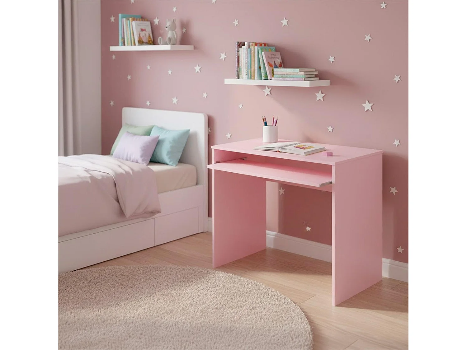 Scrivania Cameretta Studio Postazione PC Ufficio Design Moderno Piano Scorrevole Piedini ABS Ideale Compiti Lavoro Quotidiano 90 x 54 x 79 Cm Rosa