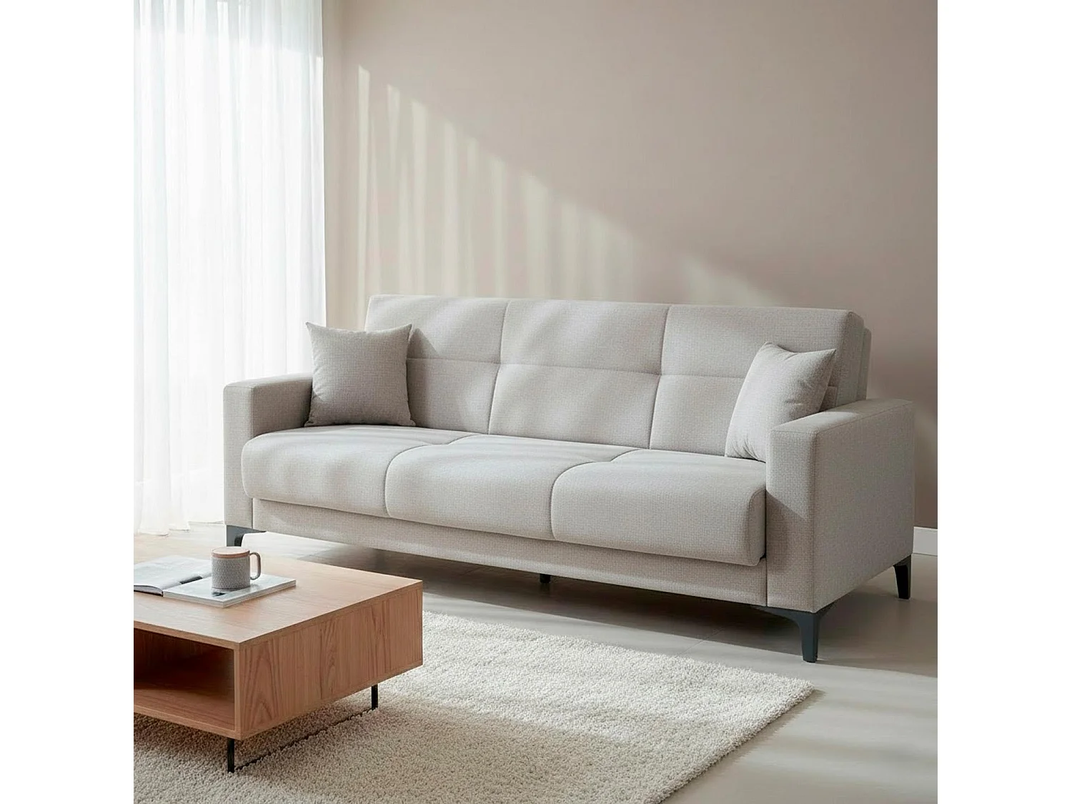Divano Letto 3 Posti Con Cassettone Contenitore Imbottitura A Molle E Cuscini Trasformabile in Letto Salotto Zona Living 212 x 87 x 90 Cm Colore Grigio Chiaro