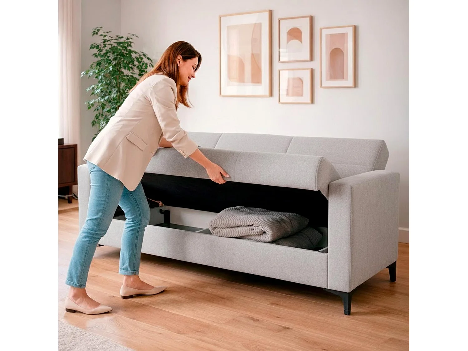 Divano Letto 3 Posti Con Cassettone Contenitore Imbottitura A Molle E Cuscini Trasformabile in Letto Salotto Zona Living 212 x 87 x 90 Cm Colore Grigio Chiaro