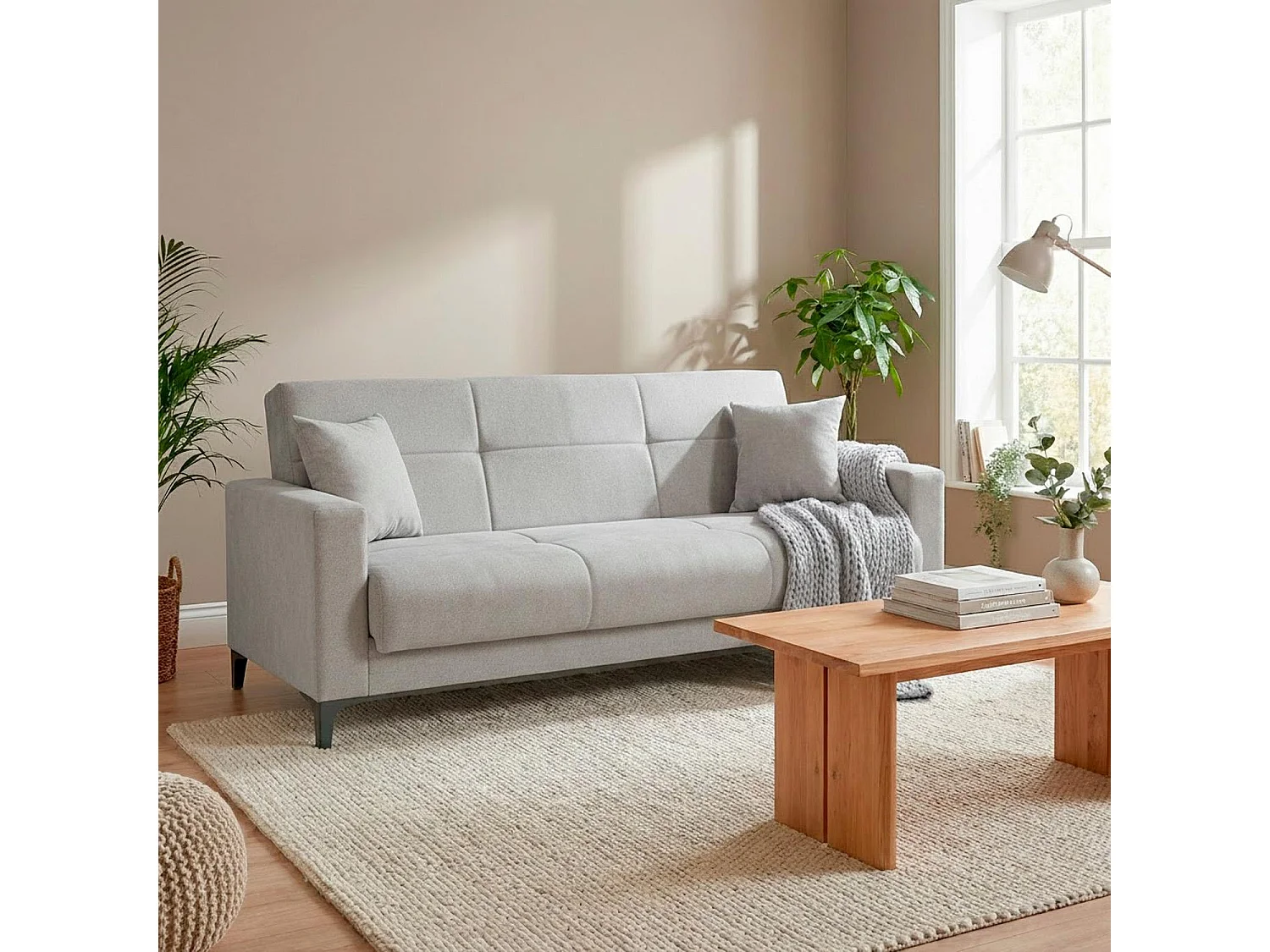 Divano Letto 3 Posti Con Cassettone Contenitore Imbottitura A Molle E Cuscini Trasformabile in Letto Salotto Zona Living 212 x 87 x 90 Cm Colore Grigio Chiaro