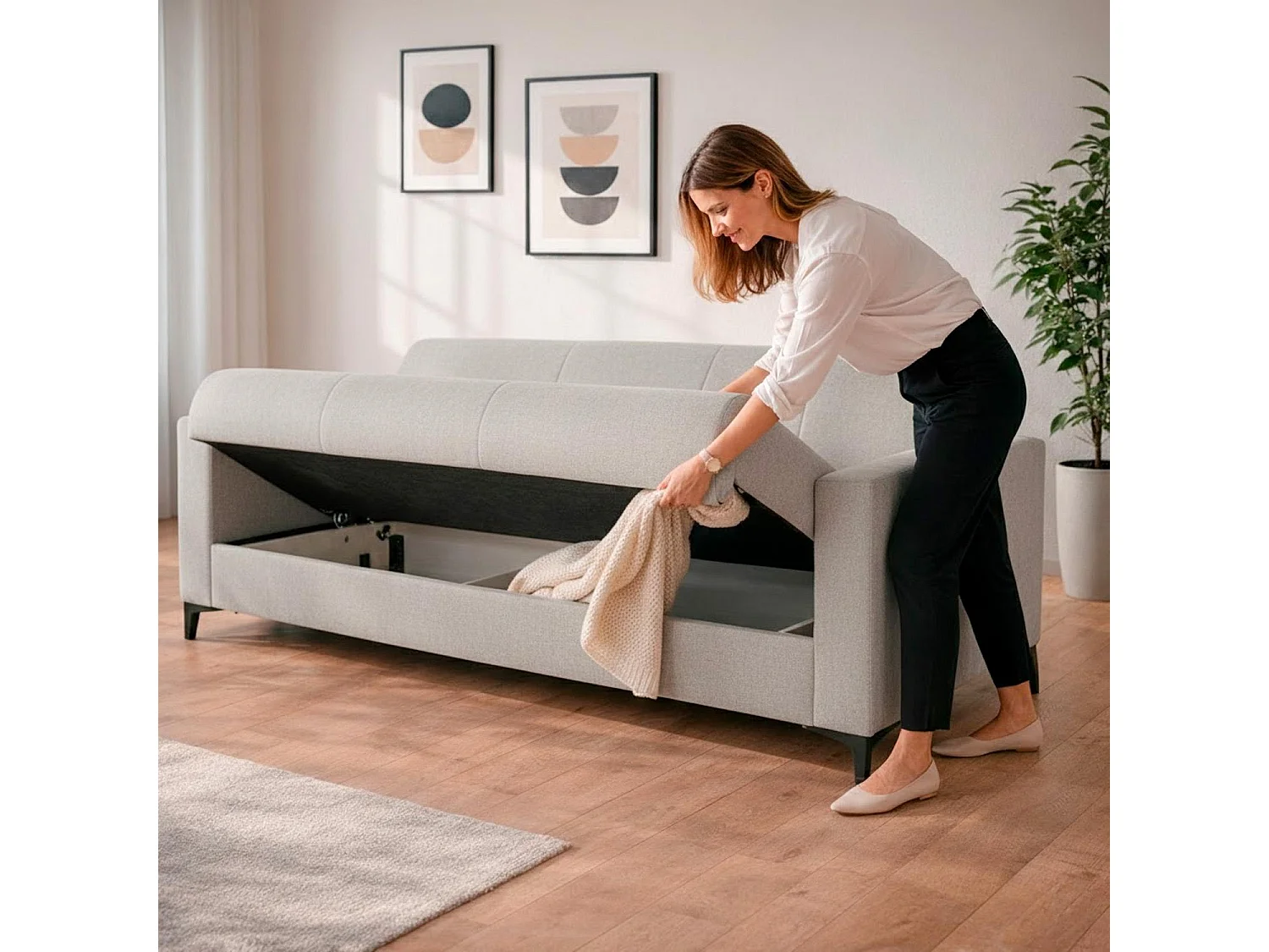 Divano Letto 3 Posti Con Cassettone Contenitore Imbottitura A Molle E Cuscini Trasformabile in Letto Salotto Zona Living 212 x 87 x 90 Cm Colore Grigio Chiaro