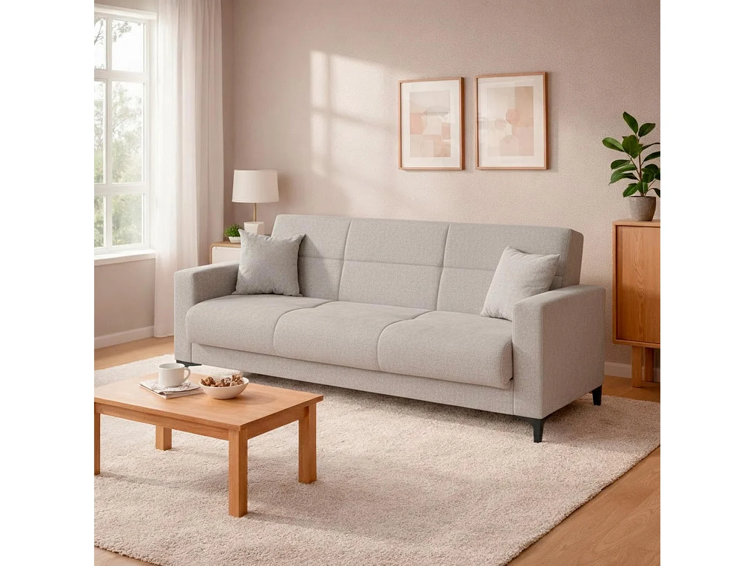 Divano Letto 3 Posti Con Cassettone Contenitore Imbottitura A Molle E Cuscini Trasformabile in Letto Salotto Zona Living 212 x 87 x 90 Cm Colore Grigio Chiaro