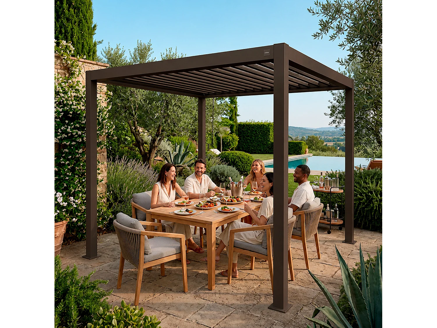 Pergola Bioclimatica 3x4 Metri Gazebo Lamelle Orientabili Sistema Drenaggio Struttura In Alluminio E Acciaio Anti UV Giardino Terrazza Piscina Marrone Opaco