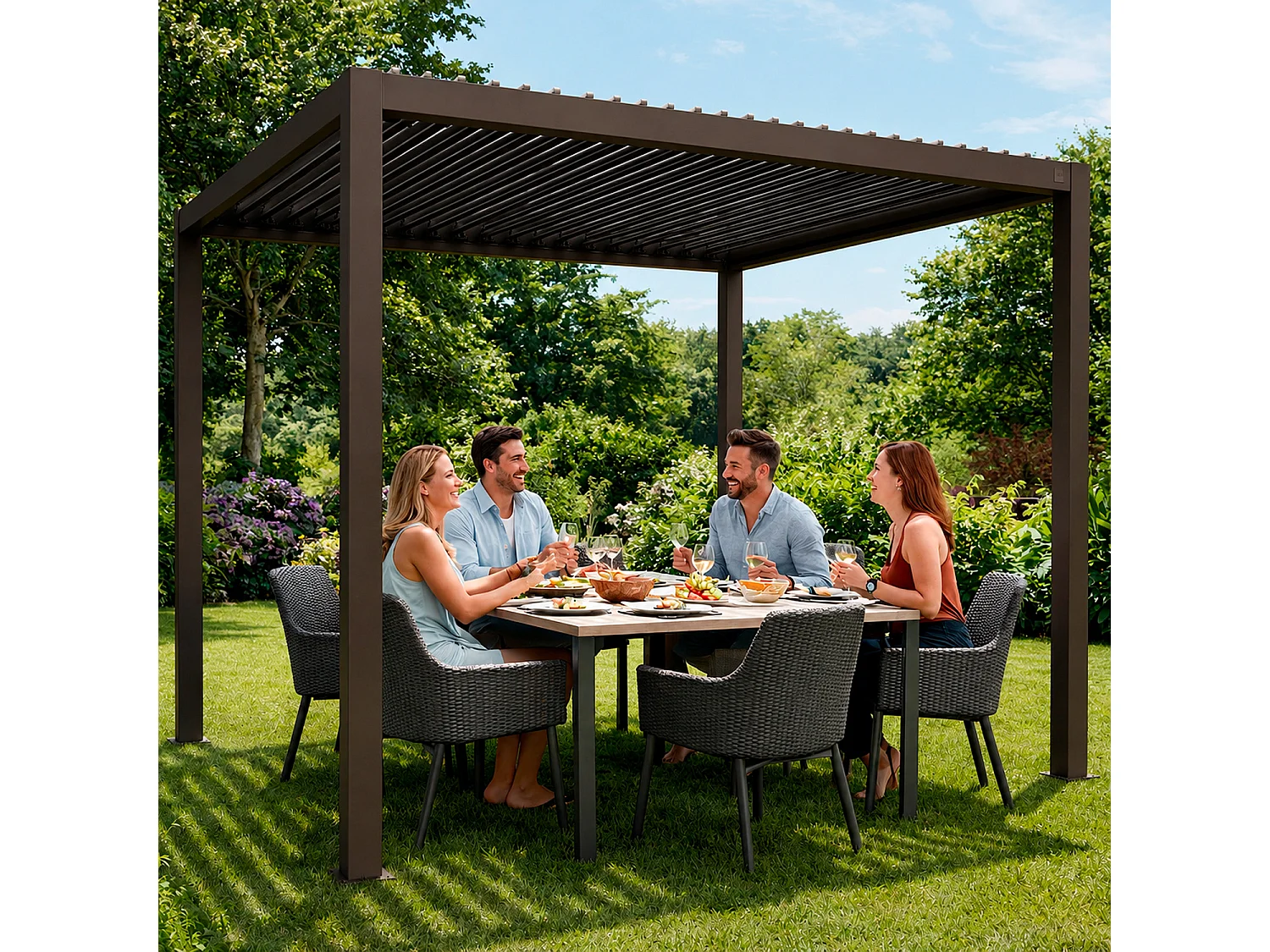 Pergola Bioclimatica 3x4 Metri Gazebo Lamelle Orientabili Sistema Drenaggio Struttura In Alluminio E Acciaio Anti UV Giardino Terrazza Piscina Marrone Opaco