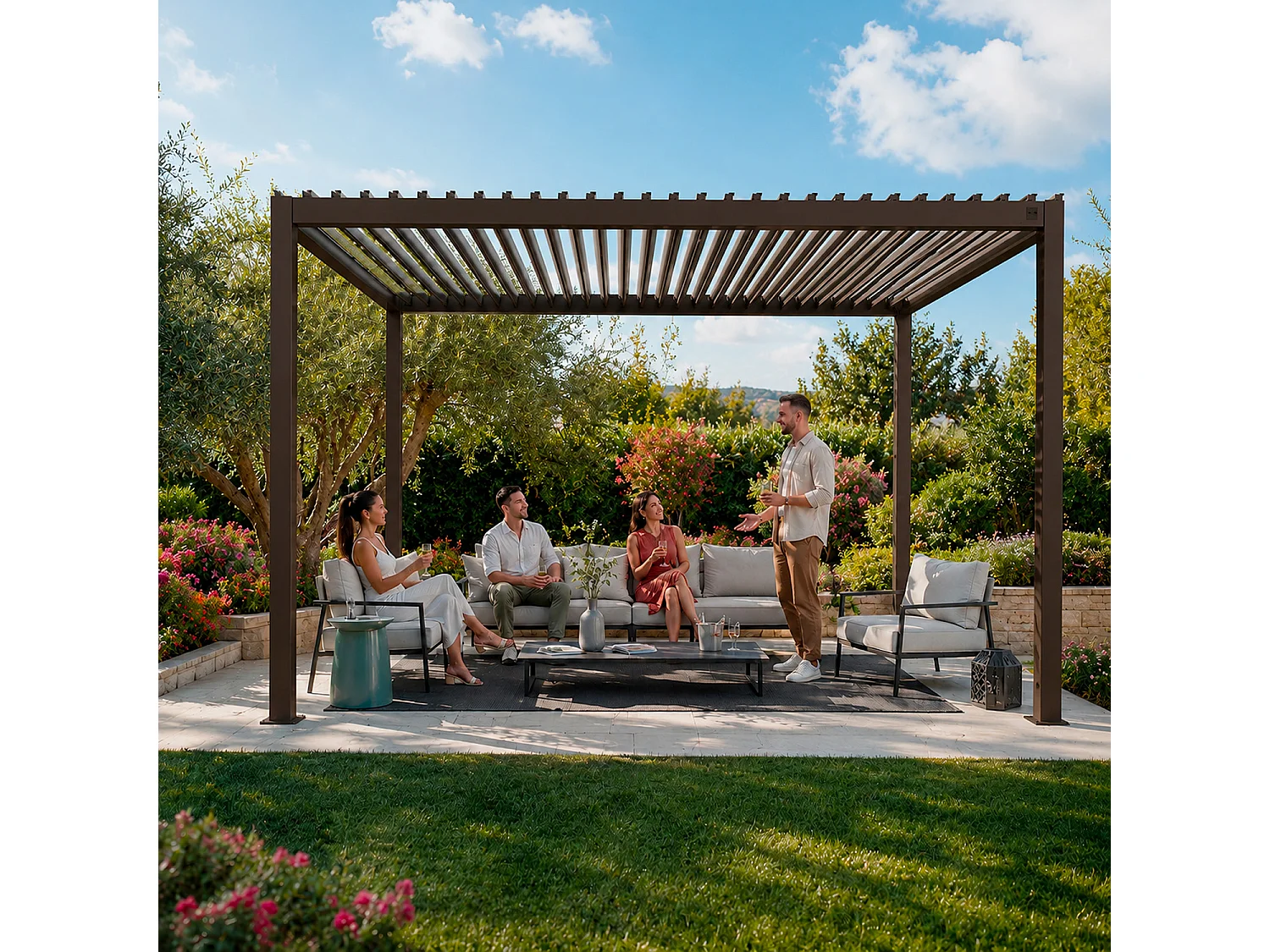 Pergola Bioclimatica 3x4 Metri Gazebo Lamelle Orientabili Sistema Drenaggio Struttura In Alluminio E Acciaio Anti UV Giardino Terrazza Piscina Marrone Opaco