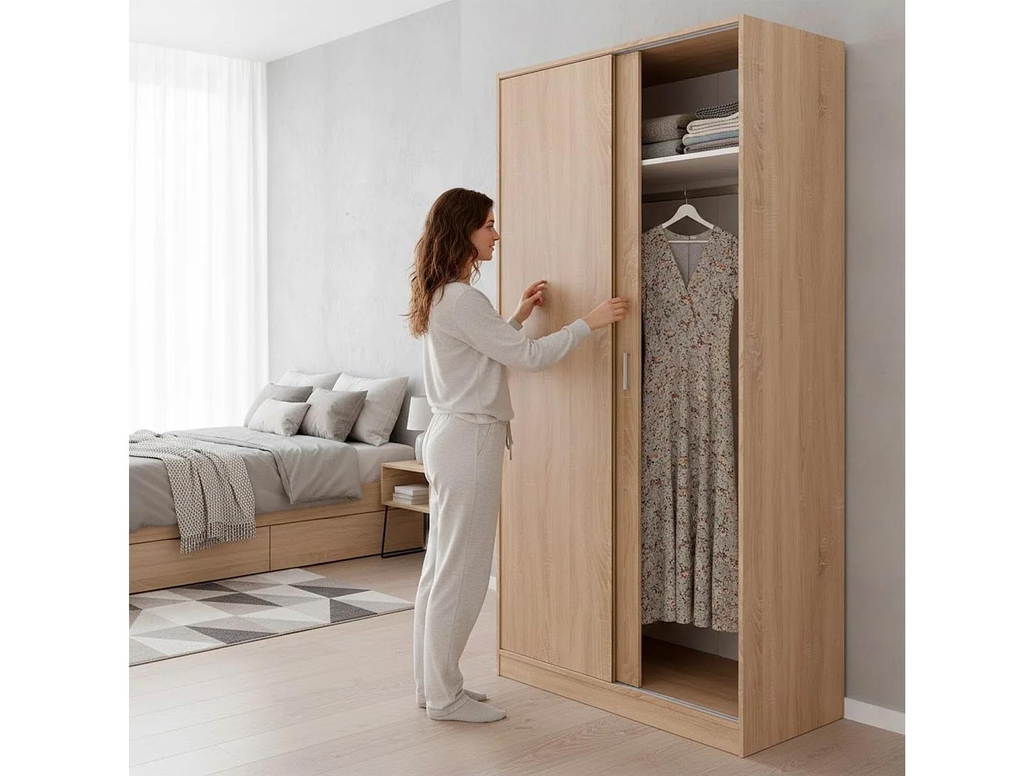 Armadio Guardaroba Camera Due Ante Scorrevoli Con Ripiano Barra Appendiabiti Salvaspazio Design Moderno 200 x 100 x 50 Cm Rovere